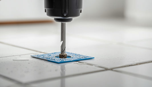 Diamond drill bit drilling into white bathroom tile with painter's tape