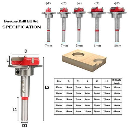 5-Piece Forstner Bit Set for Cabinet Hinges