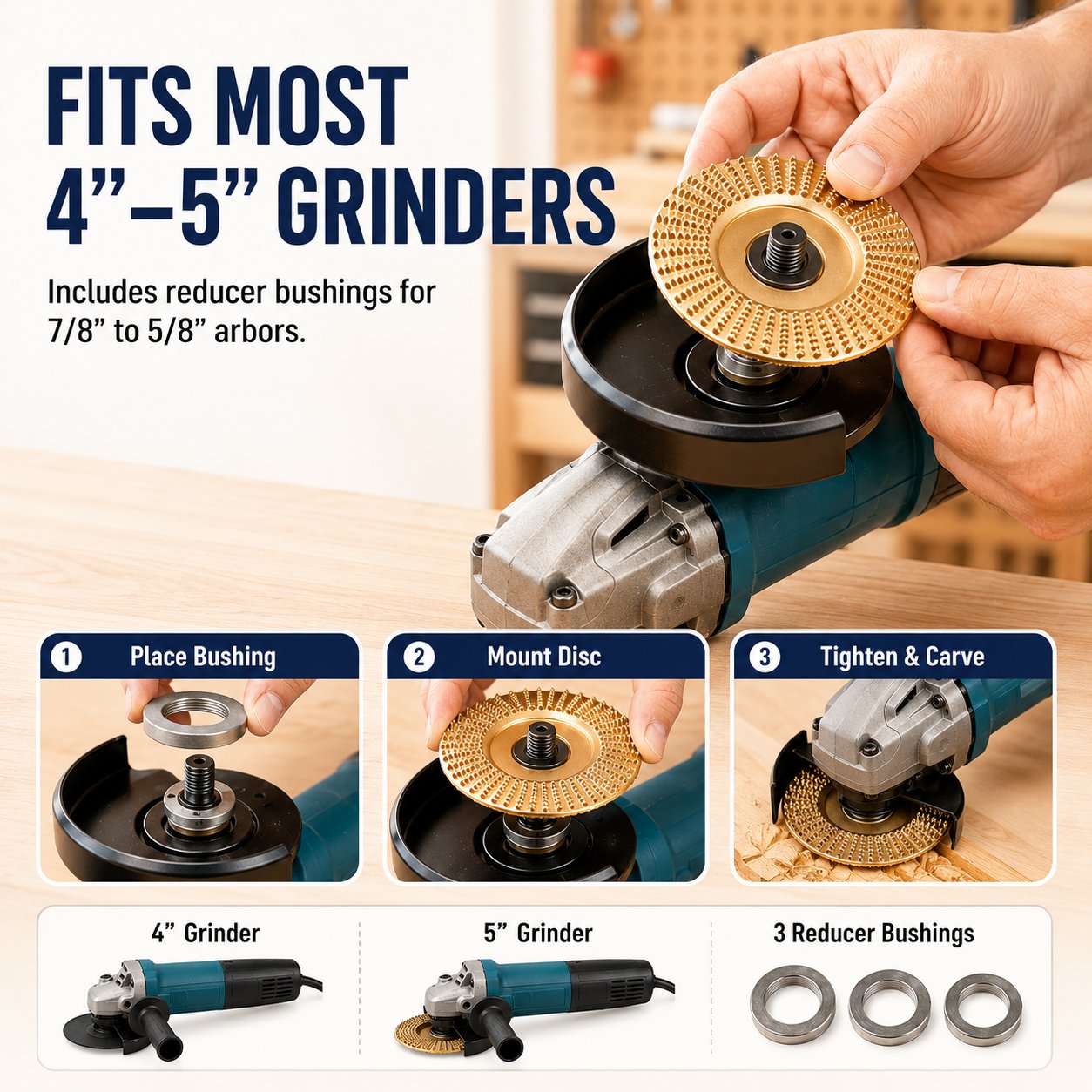 5-Piece Wood Carving Disc Set with Reducing Bushings