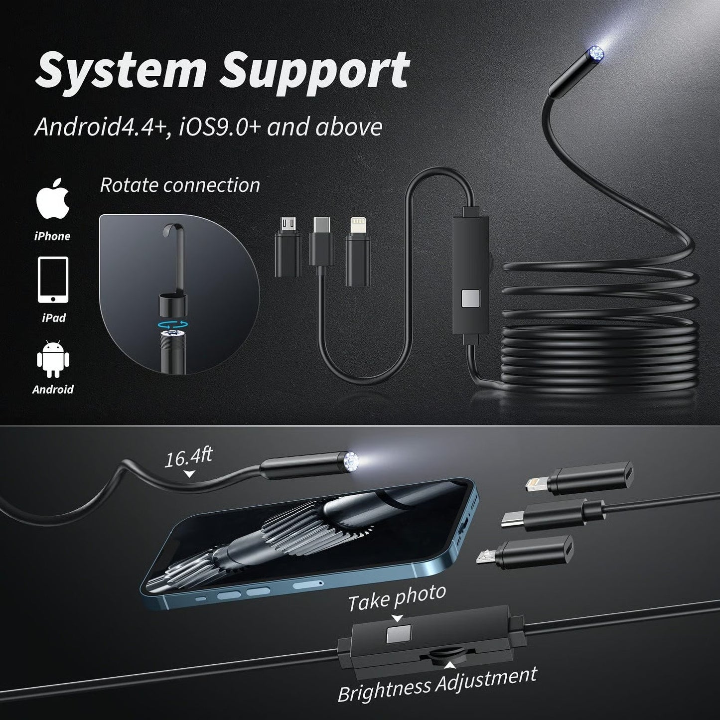 16.4ft HD Endoscope Inspection Camera for iPhone & Android