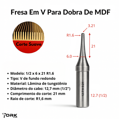 V-Groove Router Bit for MDF Folding - 1/2 Inch, R1.6 Round Bottom