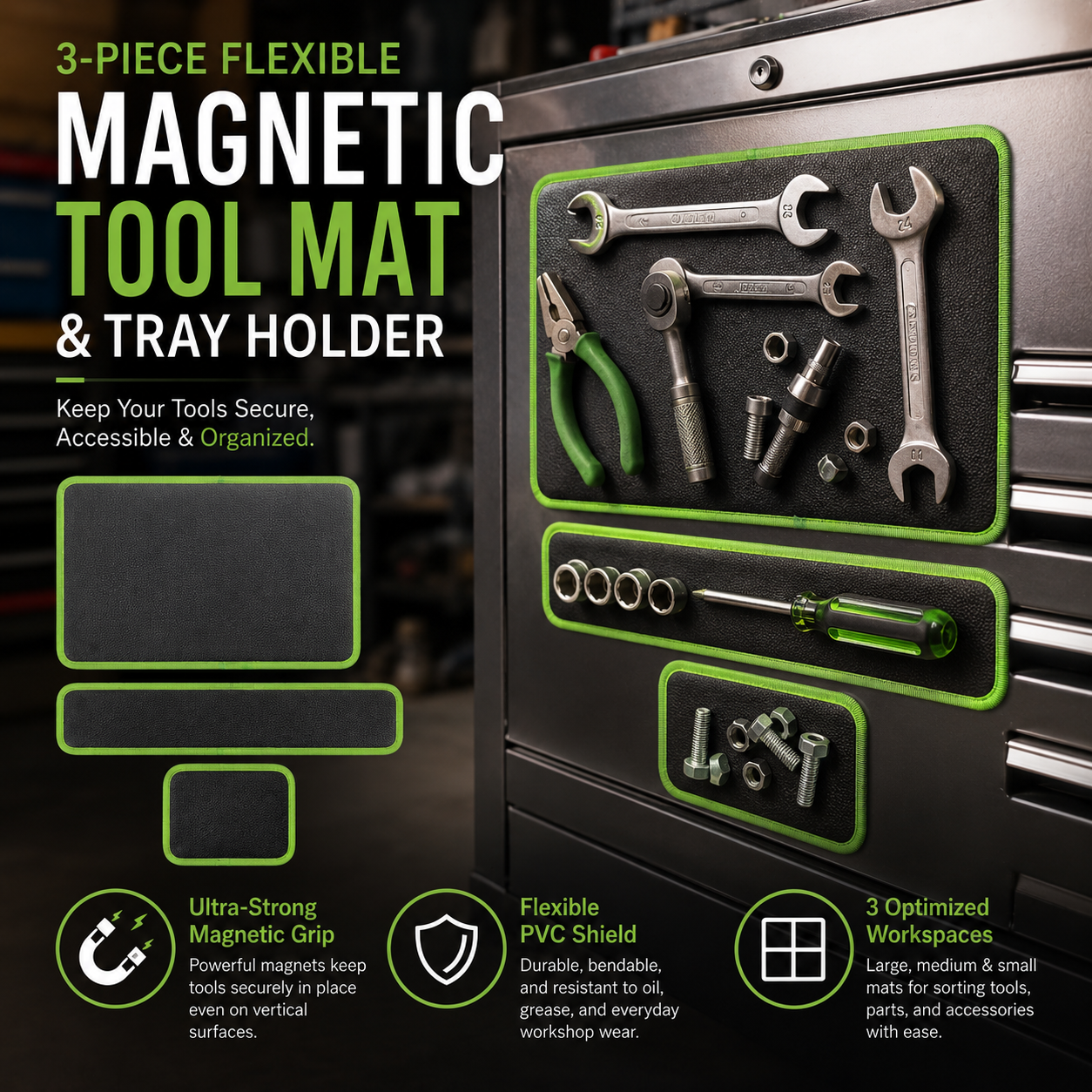 3-Piece Magnetic Tool Tray Set - Automotive & Workshop