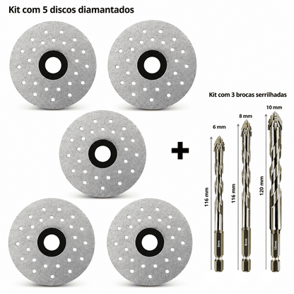 Disco diamantado ultrafino sem lascar + kit com 3 brocas serrilhadas