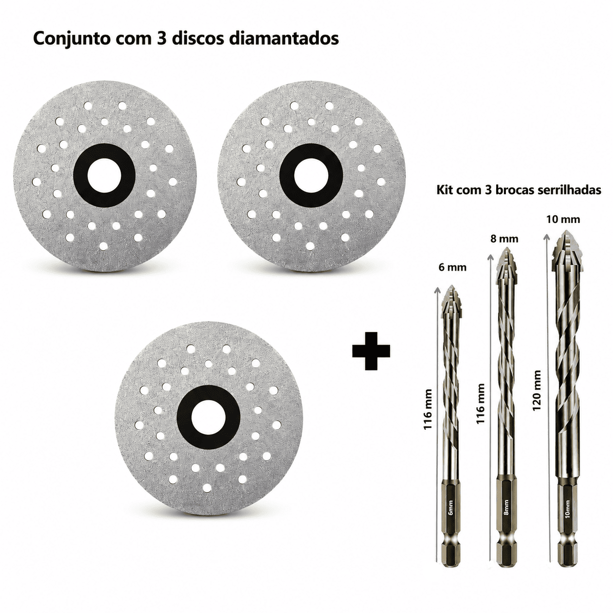 Disco diamantado ultrafino sem lascar + kit com 3 brocas serrilhadas