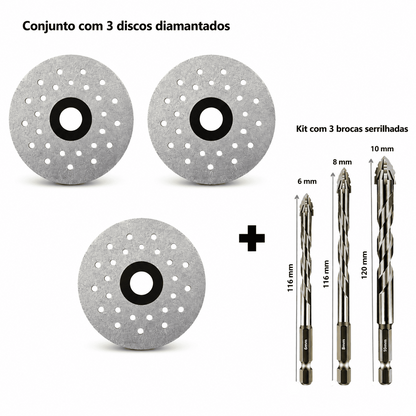 Disco diamantado ultrafino sem lascar + kit com 3 brocas serrilhadas