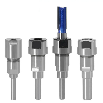 Router bit shank adapter, extension rod and collet