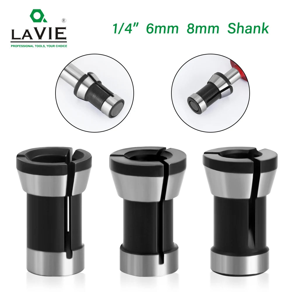 Carbide collet chuck set with 6mm, 6.35mm and 8mm router bit adapters
