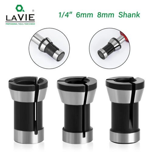 Carbide collet chuck set with 6mm, 6.35mm and 8mm router bit adapters