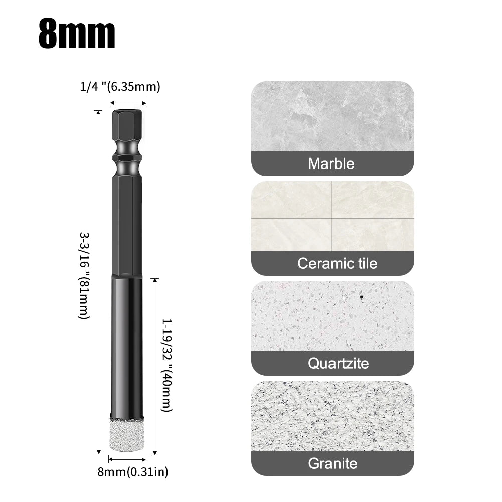 Hex Shank Diamond Core Drill Bit Set - Dry Vacuum Brazed, 6-16mm