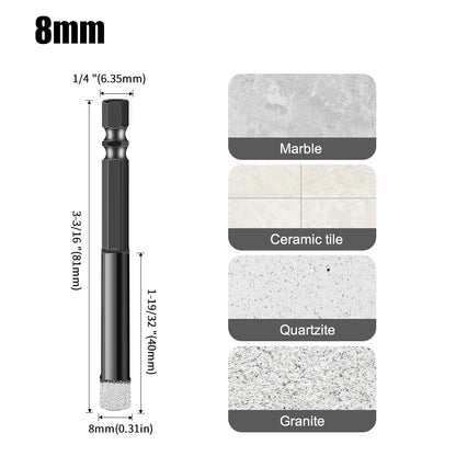 Hex Shank Diamond Core Drill Bit Set - Dry Vacuum Brazed, 6-16mm