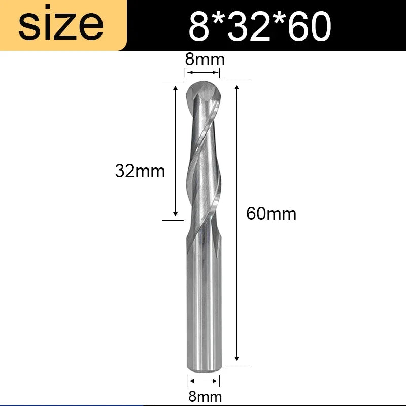 Ball Nose End Mill - 2-Flute Spiral Router Bit, 3.175-8mm Shank