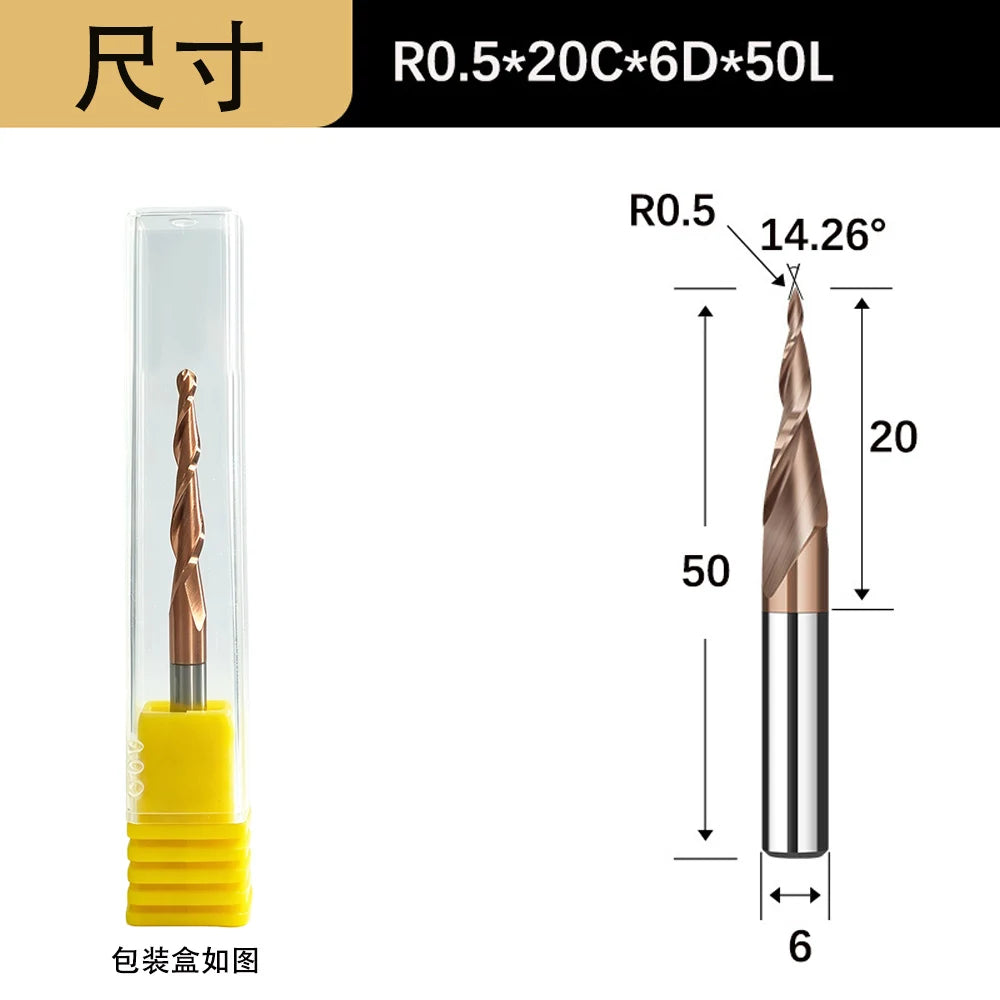 Tapered Ball Nose End Mill - 6mm Shank 2-Flute 3D Carving Router Bit