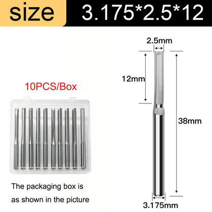 3.175mm Shank 2-Flute Straight End Mill - 10-Piece Engraving Bit Set