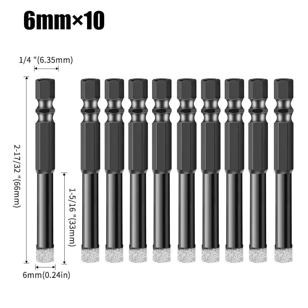 Hex Shank Diamond Core Drill Bit Set - Dry Vacuum Brazed, 6-16mm