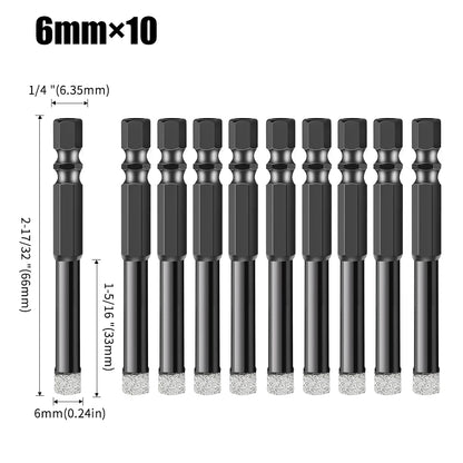 Hex Shank Diamond Core Drill Bit Set - Dry Vacuum Brazed, 6-16mm