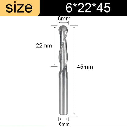 Ball Nose End Mill - 2-Flute Spiral Router Bit, 3.175-8mm Shank