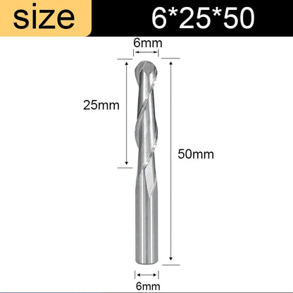 Ball Nose End Mill - 2-Flute Spiral Router Bit, 3.175-8mm Shank