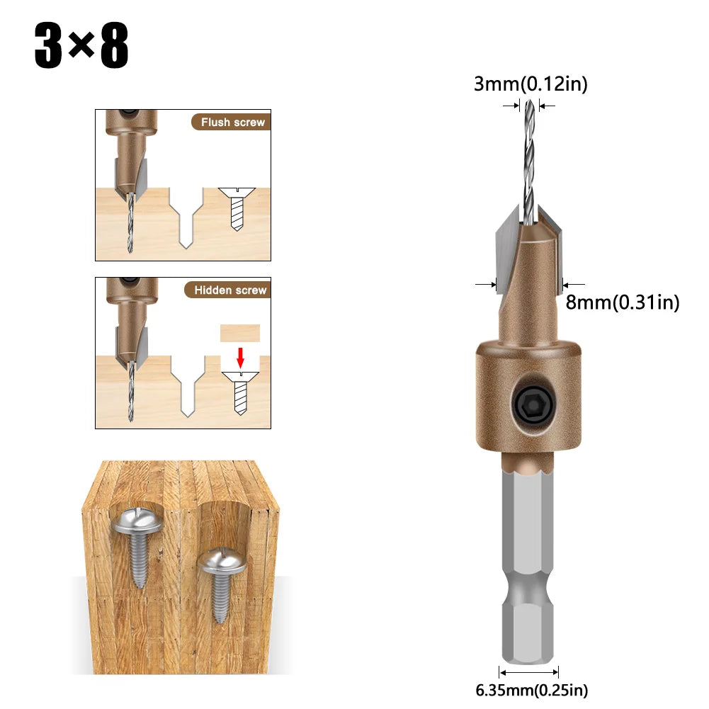 Combination Drill & Countersink Bit - Hex Shank (8mm)