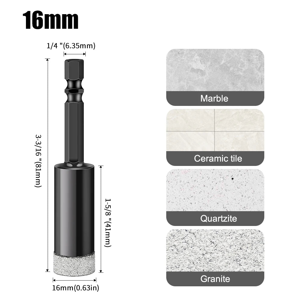 Hex Shank Diamond Core Drill Bit Set - Dry Vacuum Brazed, 6-16mm