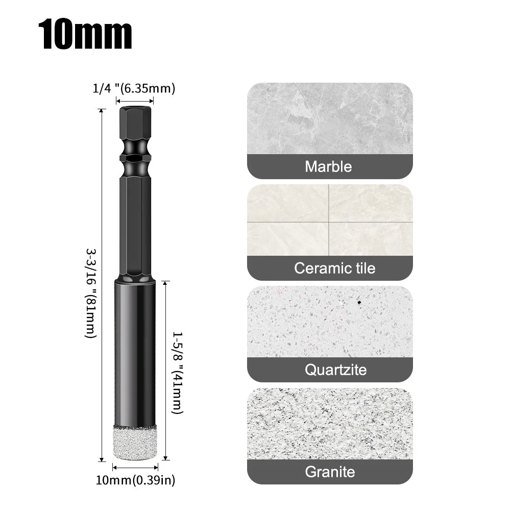 Hex Shank Diamond Core Drill Bit Set - Dry Vacuum Brazed, 6-16mm