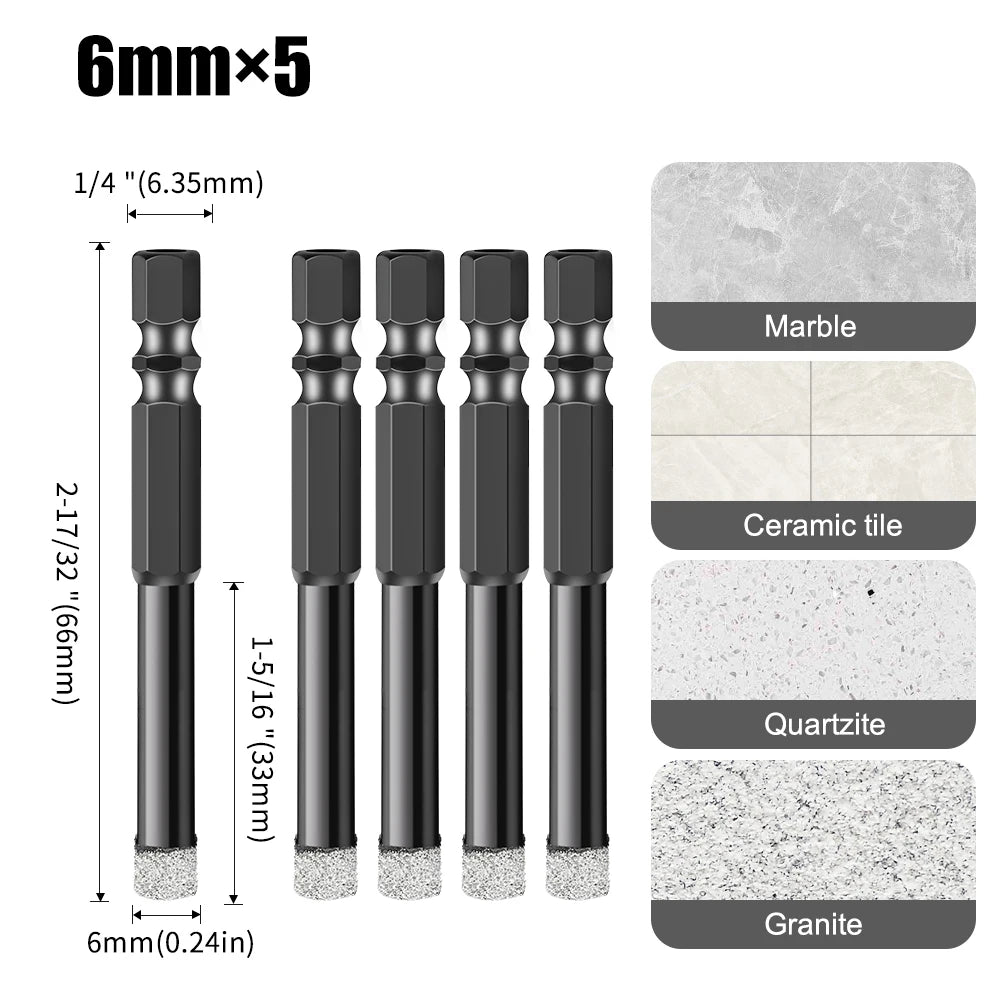 Hex Shank Diamond Core Drill Bit Set - Dry Vacuum Brazed, 6-16mm
