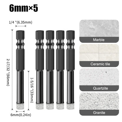 Hex Shank Diamond Core Drill Bit Set - Dry Vacuum Brazed, 6-16mm
