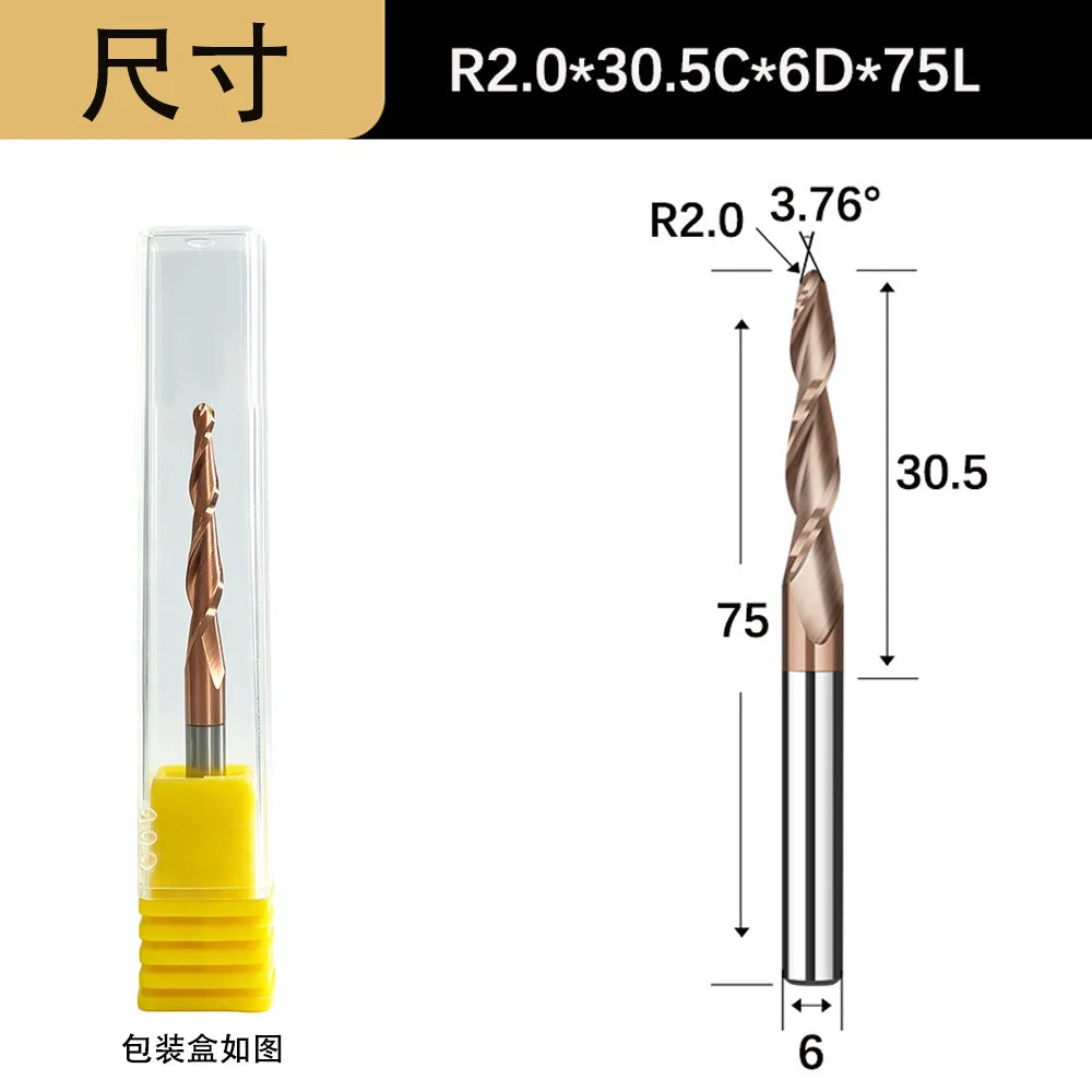 Tapered Ball Nose End Mill - 6mm Shank 2-Flute 3D Carving Router Bit