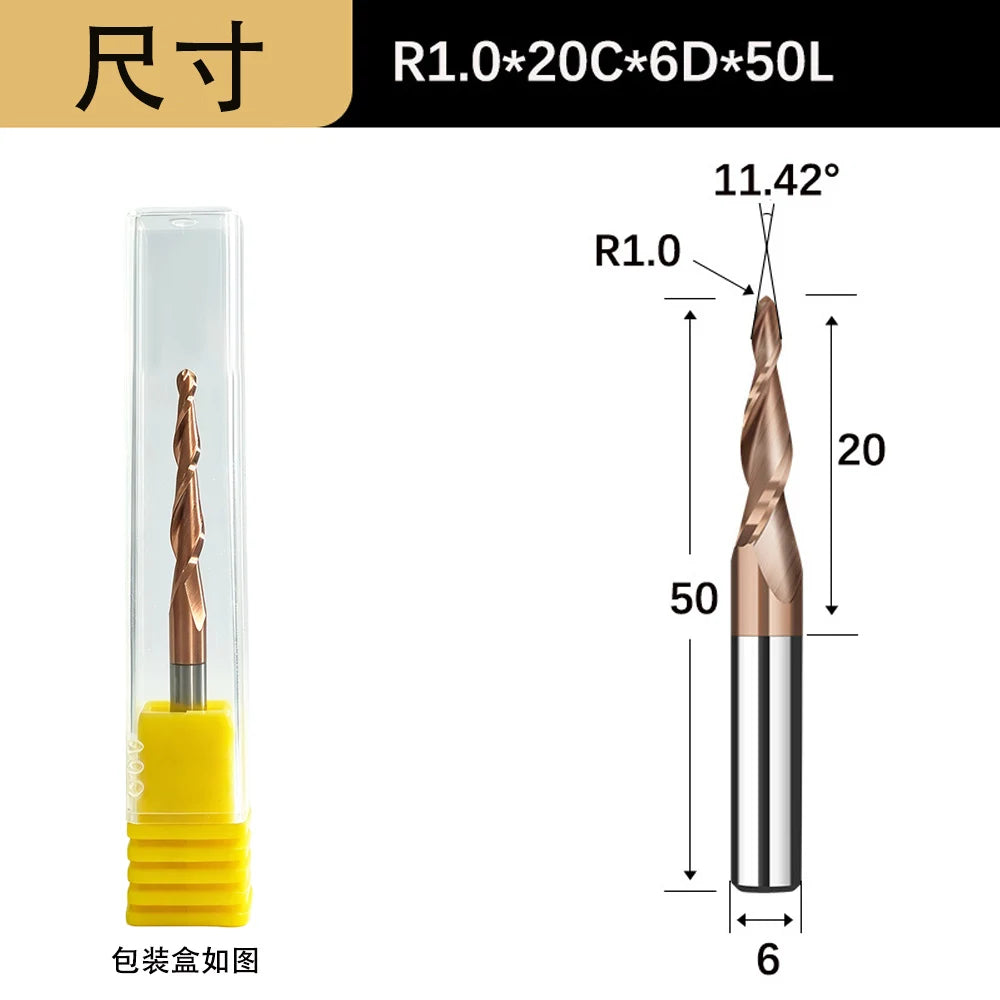 Tapered ball nose end mill, 6mm shank, 2-flute - view 10