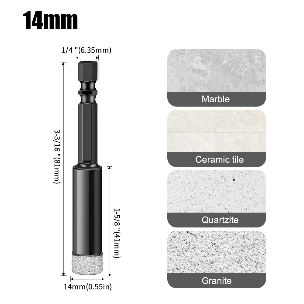 Hex Shank Diamond Core Drill Bit Set - Dry Vacuum Brazed, 6-16mm