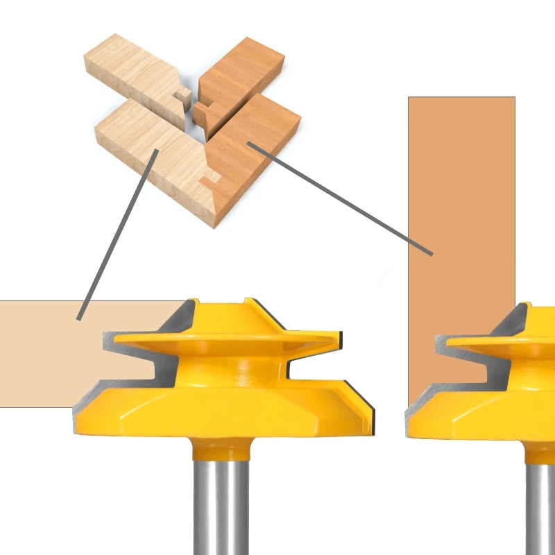 Lock miter router bit mounted on router table