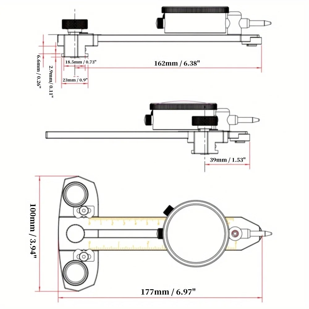 Table saw calibration gauge measuring blade alignment