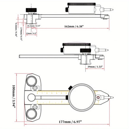 Table saw calibration gauge measuring blade alignment