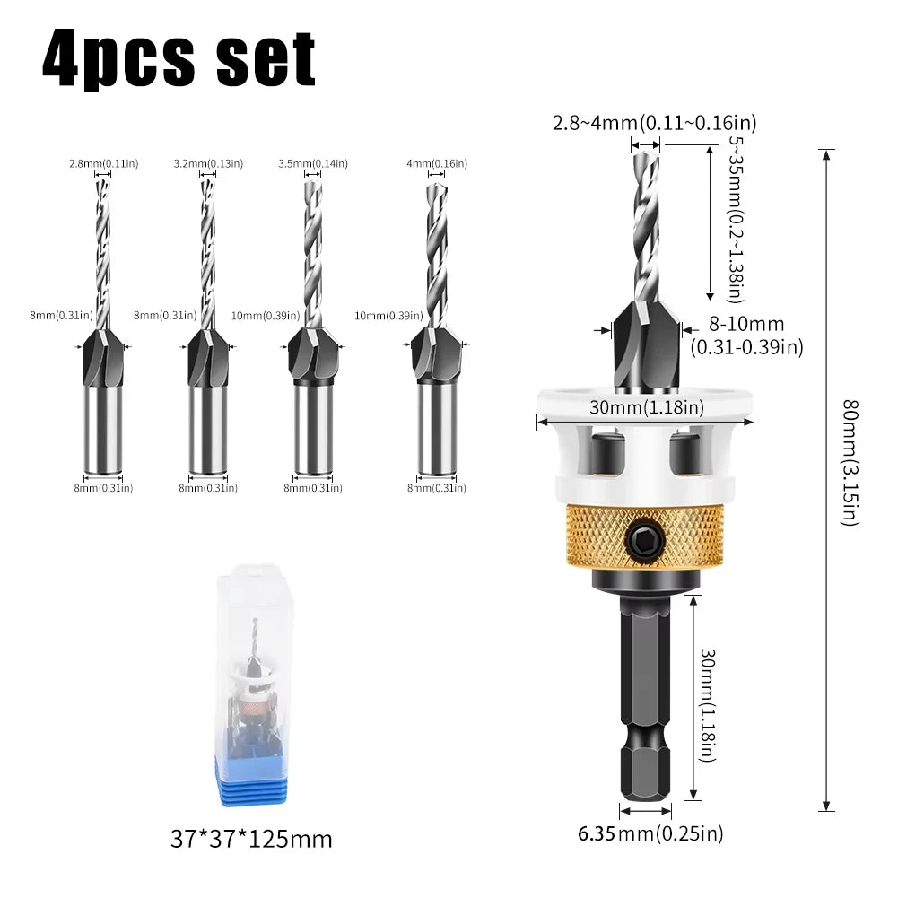 Adjustable Depth Countersink Drill Bit - 4-Edge Tungsten Steel, 2.8-4mm
