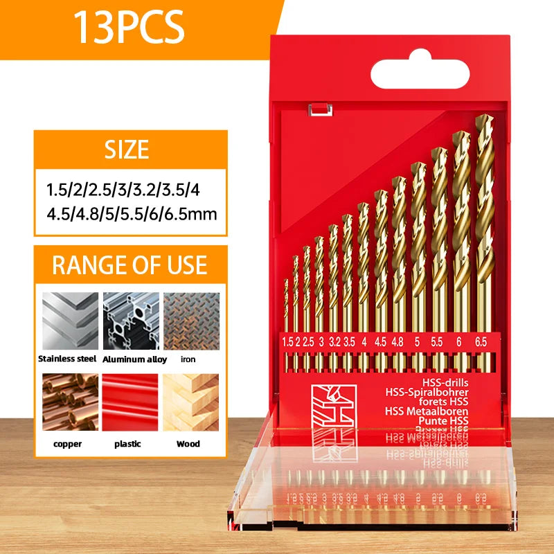 HUHAO 13-Piece Twist Drill Bit Set – HSS Titanium-Coated Metric Kit