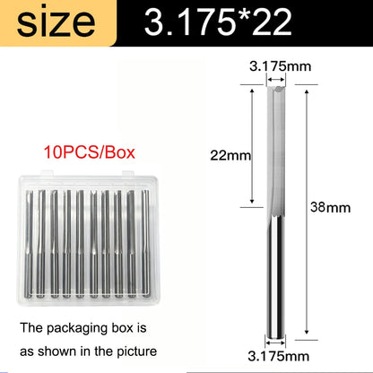 3.175mm Shank 2-Flute Straight End Mill - 10-Piece Engraving Bit Set