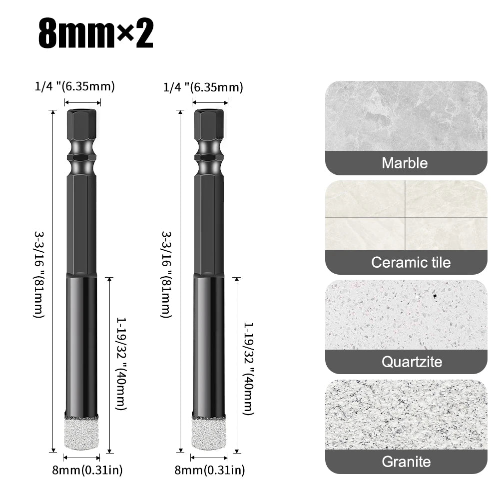 Hex Shank Diamond Core Drill Bit Set - Dry Vacuum Brazed, 6-16mm