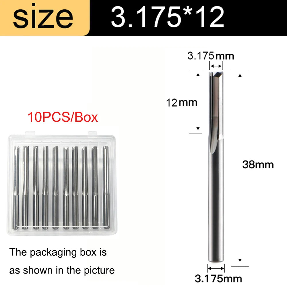 3.175mm Shank 2-Flute Straight End Mill - 10-Piece Engraving Bit Set