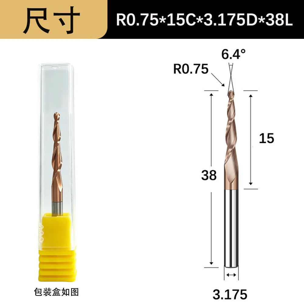 Tapered Ball Nose End Mill - 6mm Shank 2-Flute 3D Carving Router Bit