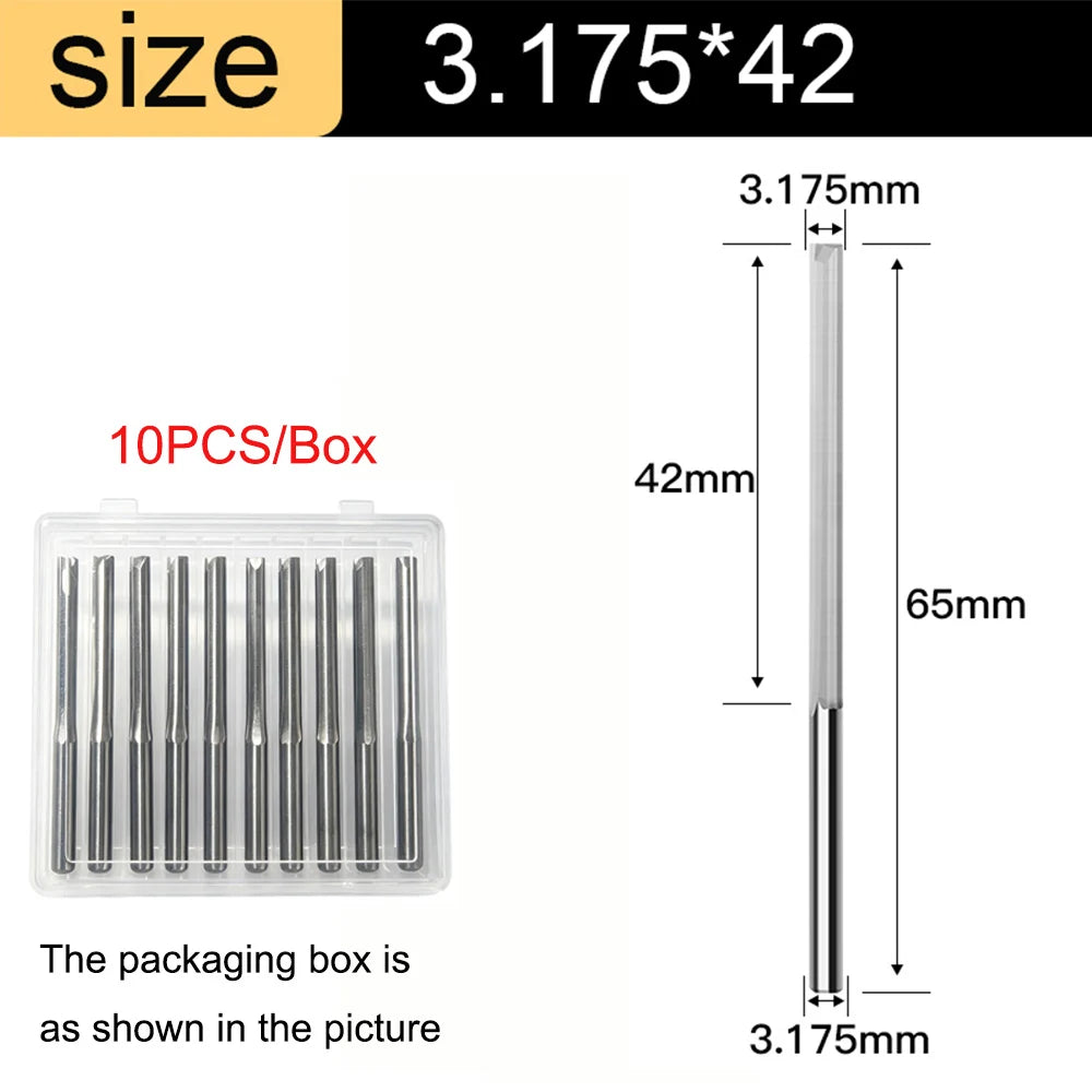 3.175mm Shank 2-Flute Straight End Mill - 10-Piece Engraving Bit Set