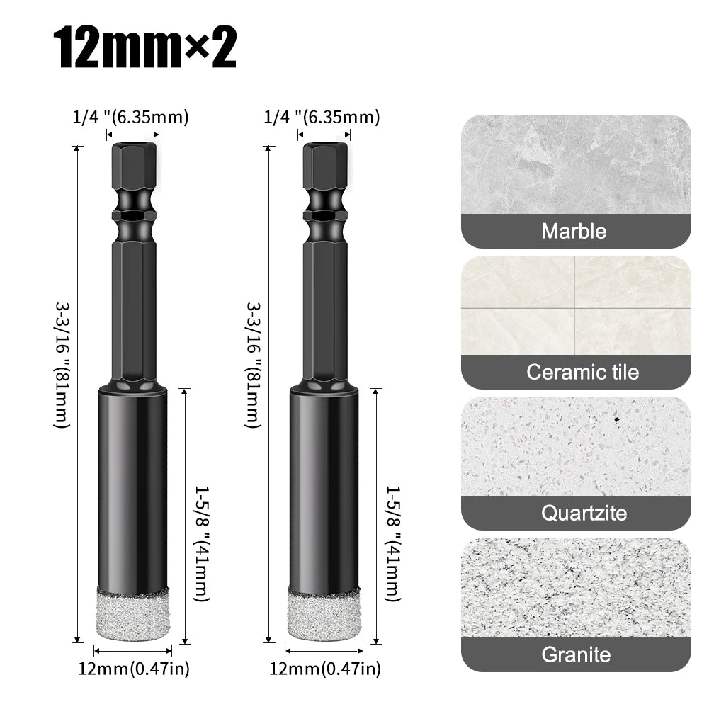 Hex Shank Diamond Core Drill Bit Set - Dry Vacuum Brazed, 6-16mm