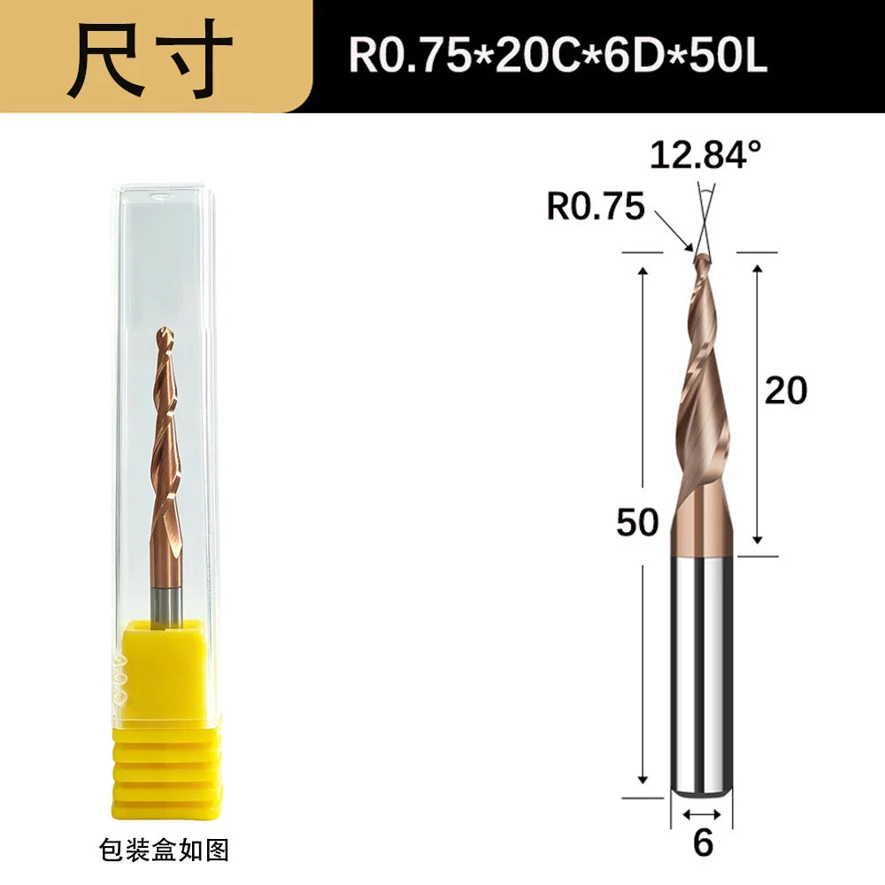 Tapered Ball Nose End Mill - 6mm Shank 2-Flute 3D Carving Router Bit