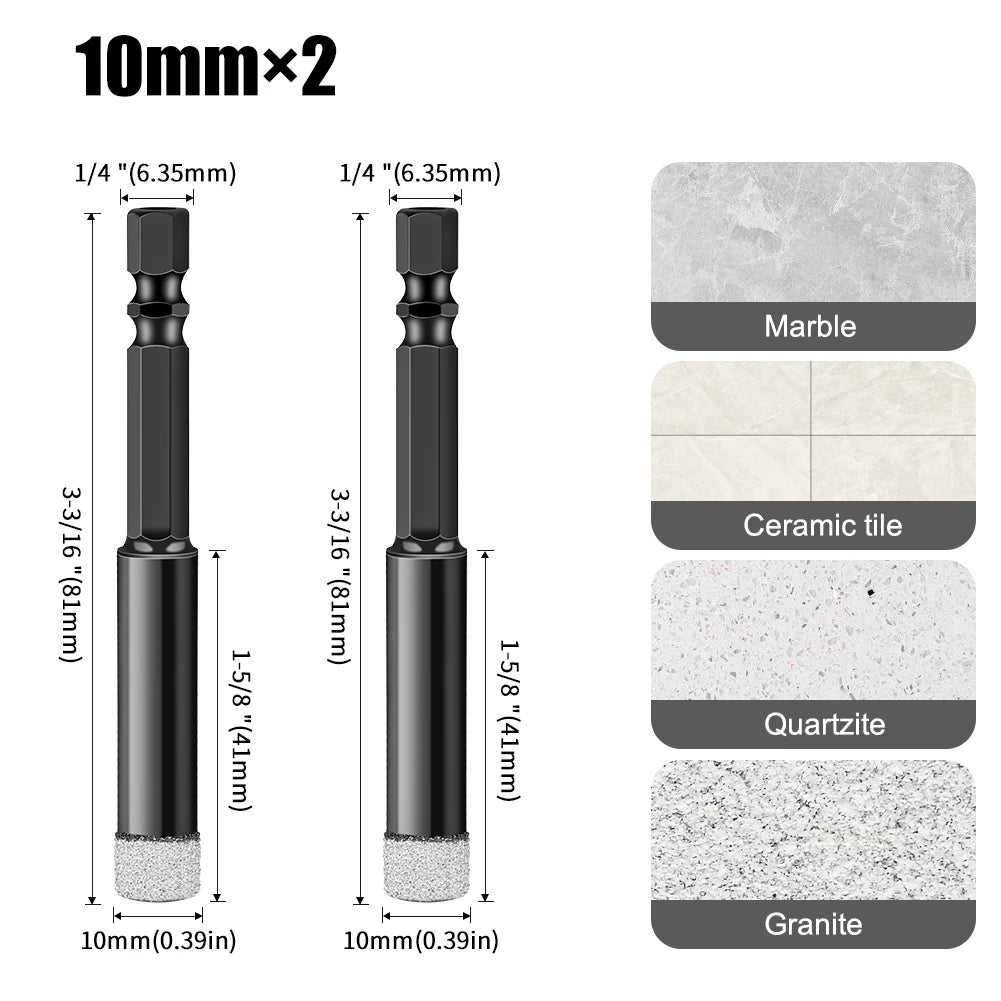 Hex Shank Diamond Core Drill Bit Set - Dry Vacuum Brazed, 6-16mm