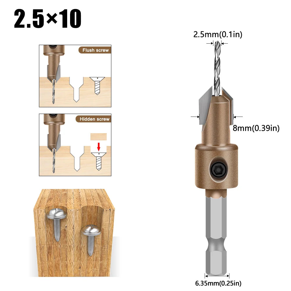 Combination Drill & Countersink Bit - Hex Shank (8mm)