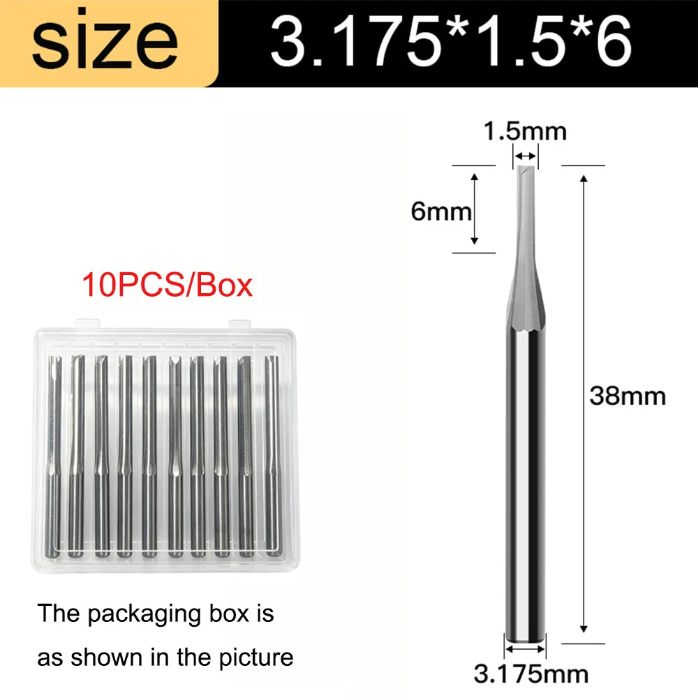 3.175mm Shank 2-Flute Straight End Mill - 10-Piece Engraving Bit Set