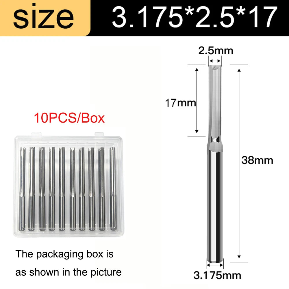 3.175mm Shank 2-Flute Straight End Mill - 10-Piece Engraving Bit Set