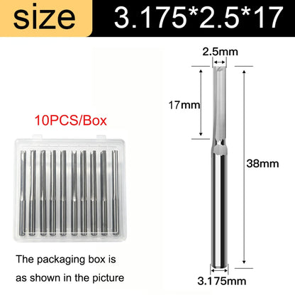 3.175mm Shank 2-Flute Straight End Mill - 10-Piece Engraving Bit Set