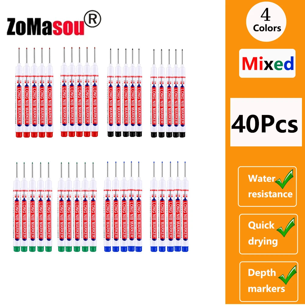 Waterproof Deep-Hole Marker Pens – 20mm Long Head, Carpenter Set