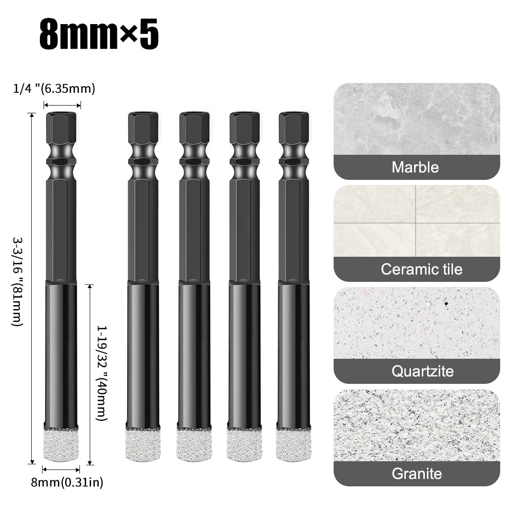 Hex Shank Diamond Core Drill Bit Set - Dry Vacuum Brazed, 6-16mm