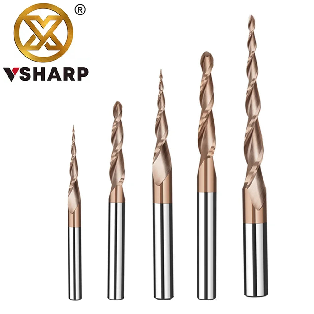 Tapered ball nose end mill, 6mm shank, 2-flute