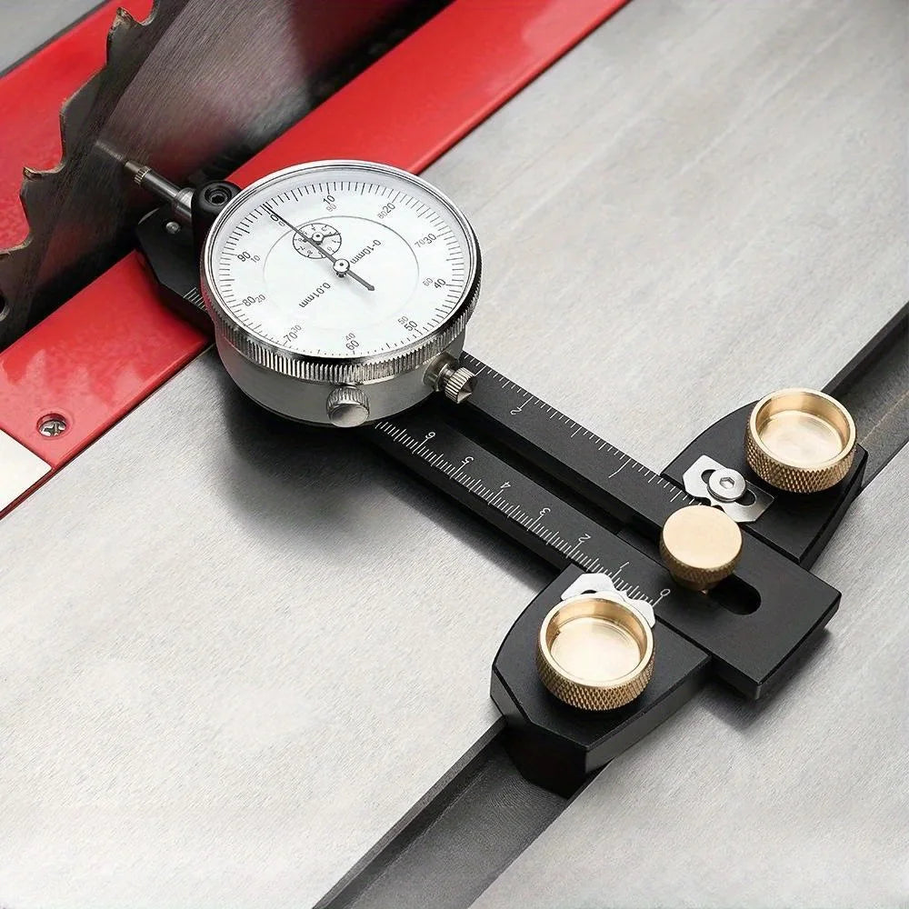 Precision calibration gauge mounted on table saw miter slot